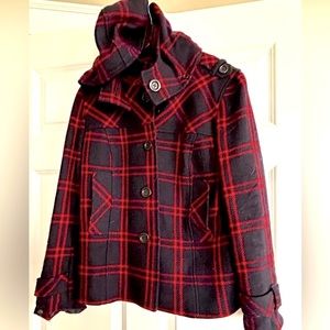 Nautica Women’s Navy and Red Plaid Wool / Nylon Jacket with Removable Hood